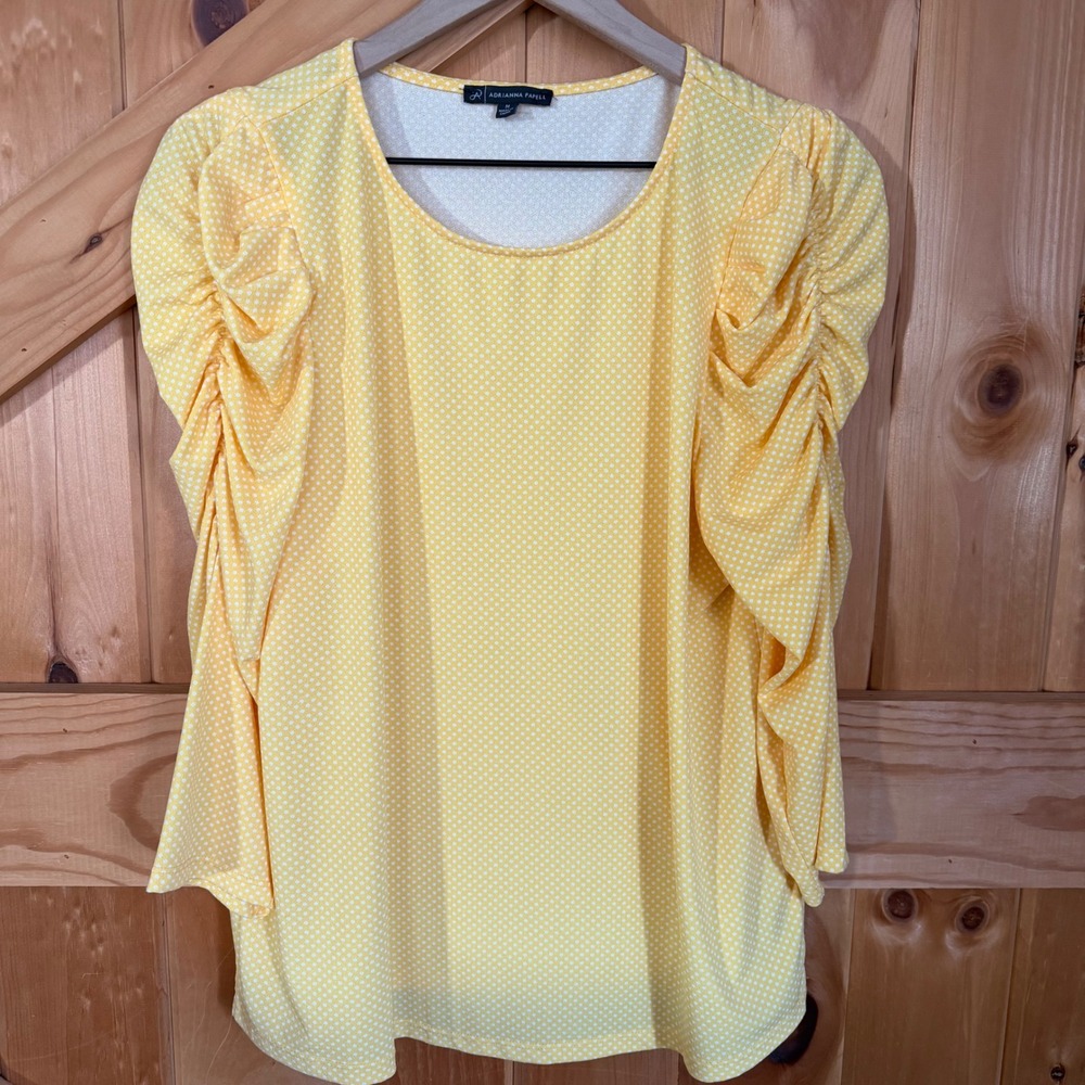 Adrianna Papell Blouse Yellow Polka Dot Ruched Puff Sleeve Top Cottagecore Med